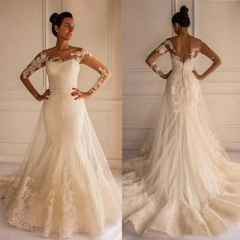 

Custom Long Sleeves Lace Mermaid Wedding Dresses 2019 with Appliques Jewel Neck Backless Court Train Wedding Bridal Gowns, Black