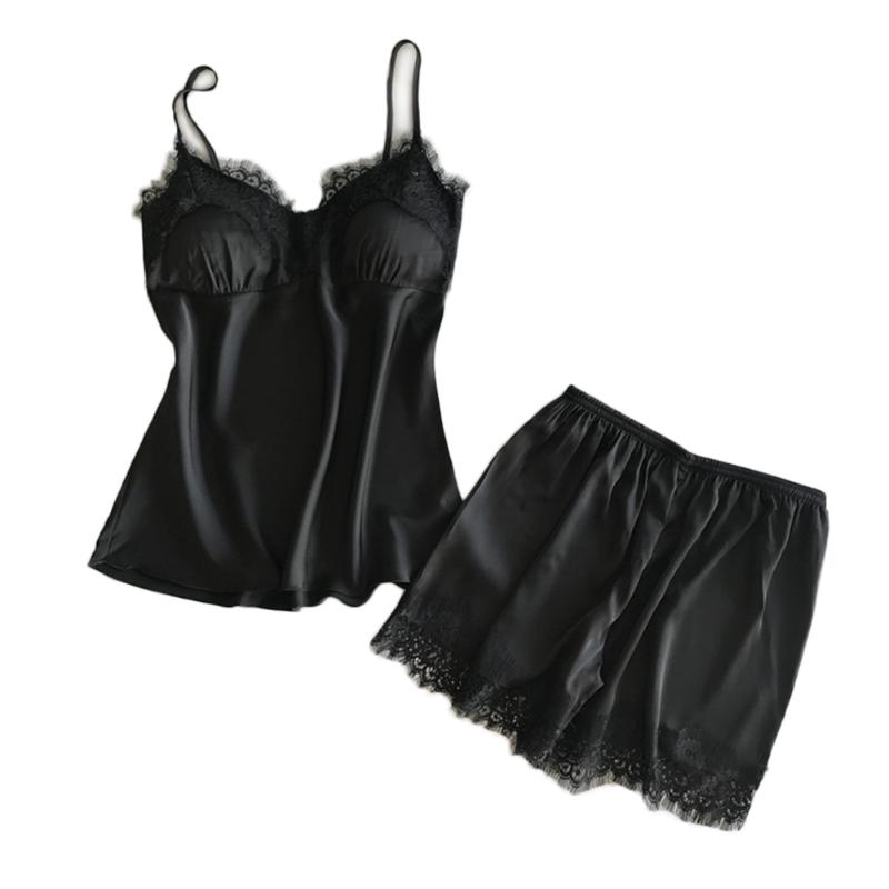 

Newly Women Satin Lace Sleepwear Babydoll Lingerie Nightwear Shorts Pyjamas Set without Chest Pad, Wine red