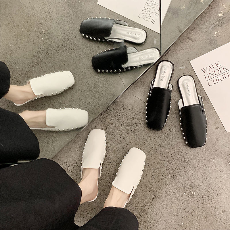 

2020 Spring New Ins Red Flat Wild Baotou Muller Shoes Outer Wear Lazy Slippers Female ban tuo xie Female, Black