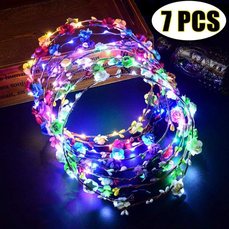 

LED Flower Crown, 7 PCS Led Flower Wreath Headband Luminous 10 Headpiece Headdress For Girls Women Wedding F