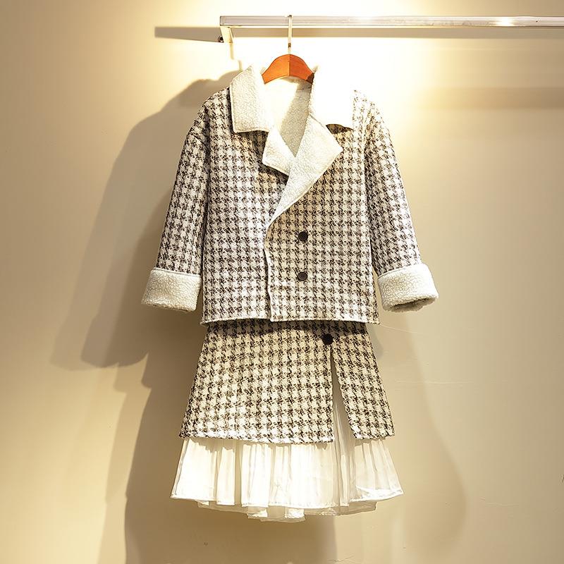 

Double Breasted Plaid Two-Pieces Lapel Women Skirt Suit Casual Plus Size Suit Sets Office Ladies Thicken Blazer Suits