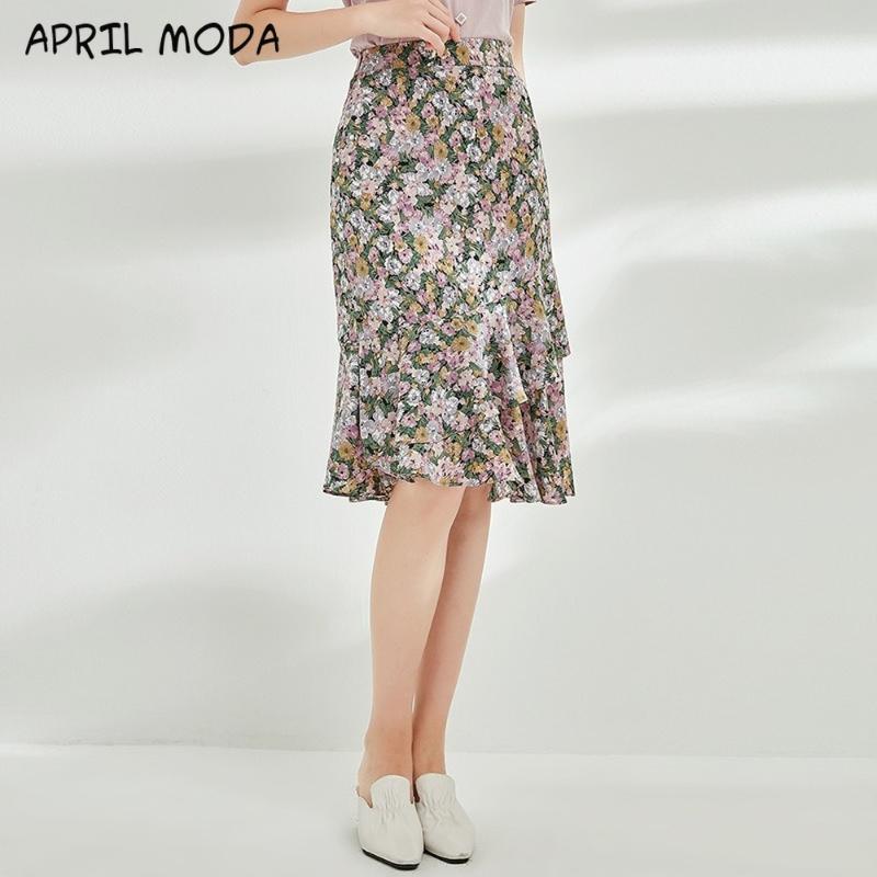 

2020 Summer New Women Vintage Floral Print Long Skirt Chiffon Bohemian Vacation Beach Mermaid Falda Elastic Waist Skirts