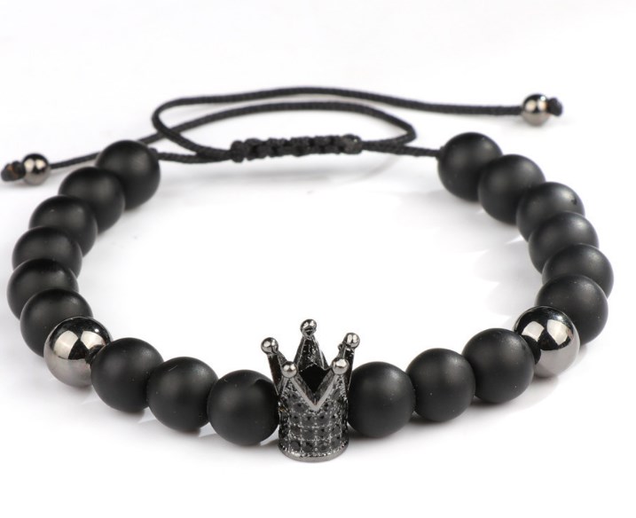 

8mm uuyy8 micro pave cz zircon cubic zirconia elastic adjusted Charm nature Black stone volcanic lava bead Crown Charm Bracelet
