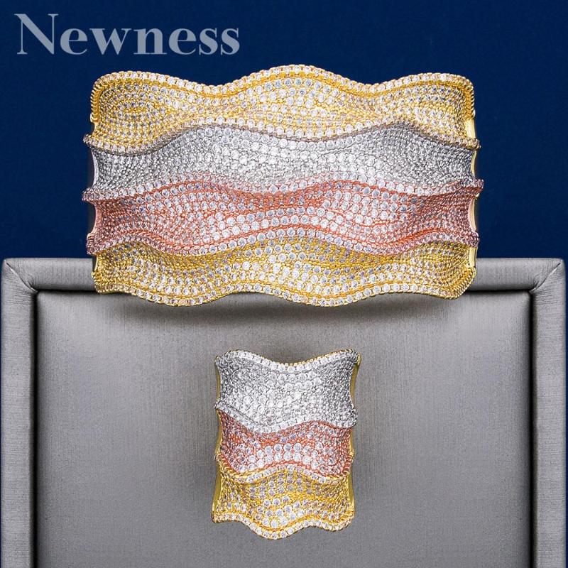 

Newness Fashion Waves Super Shiny Cubic Zirconia Women Width Bridal Bangle Ring Sets aretes de mujer modernos, As pic