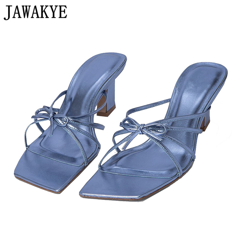 

Chic Aqua Blue Bowtie Strappy Sandals Summer Square Heel Flip Flops Dress Mules Ladies Outdoor Formal Slippers Shoes Women, Black