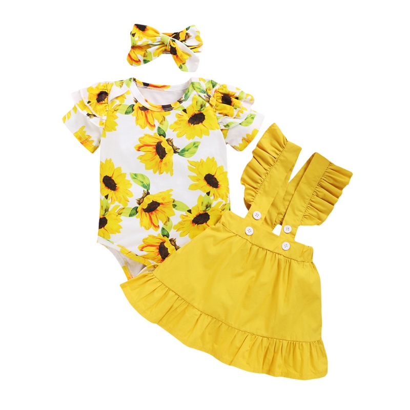 

NEW Newborn Baby Girl Clothes Set Summer Sunflower Short Sleeve Romper Skirts Headband 3Pcs Outfit Newborn Infant Clothing, Yellow