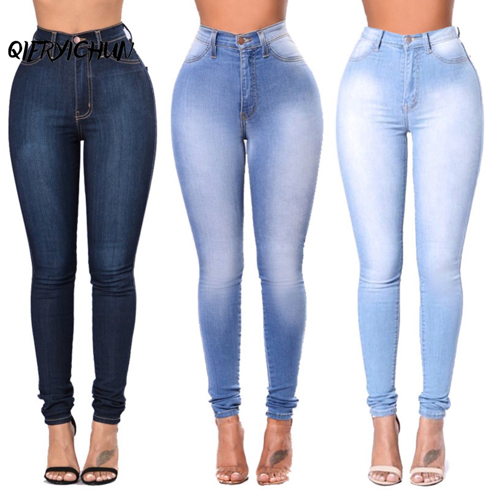 

Women Skinny High Waist Slim Jeans Vintage Blue Denim Pencil Pants Stretch Waist Women Jeans Pants Calca Feminina Plus Size 3XL, Middle blue