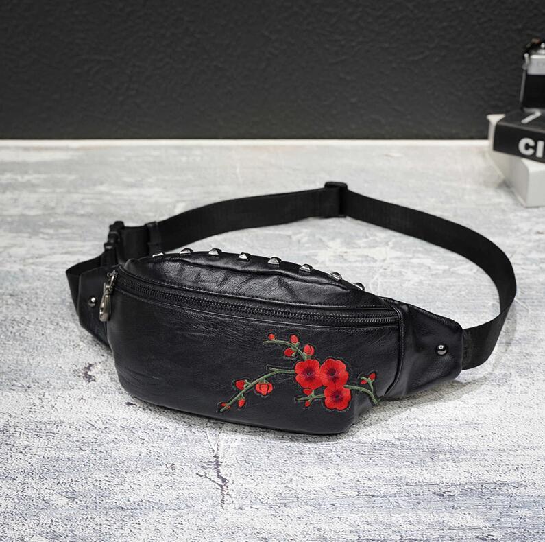 

men handbag embroidereds shoulder bag street fashion flowers embroidered mens and women Messenger bags large outdoor leisure leather handbags, Black