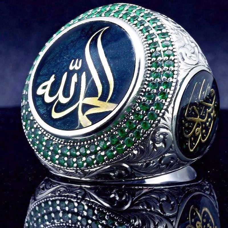 

Vintage Islam Prophet Muhammad Blue Crystal Ring Punk Saudi Star Turkish Ottoman CZ Statement Rings for Men Boho Muslim Jewelry
