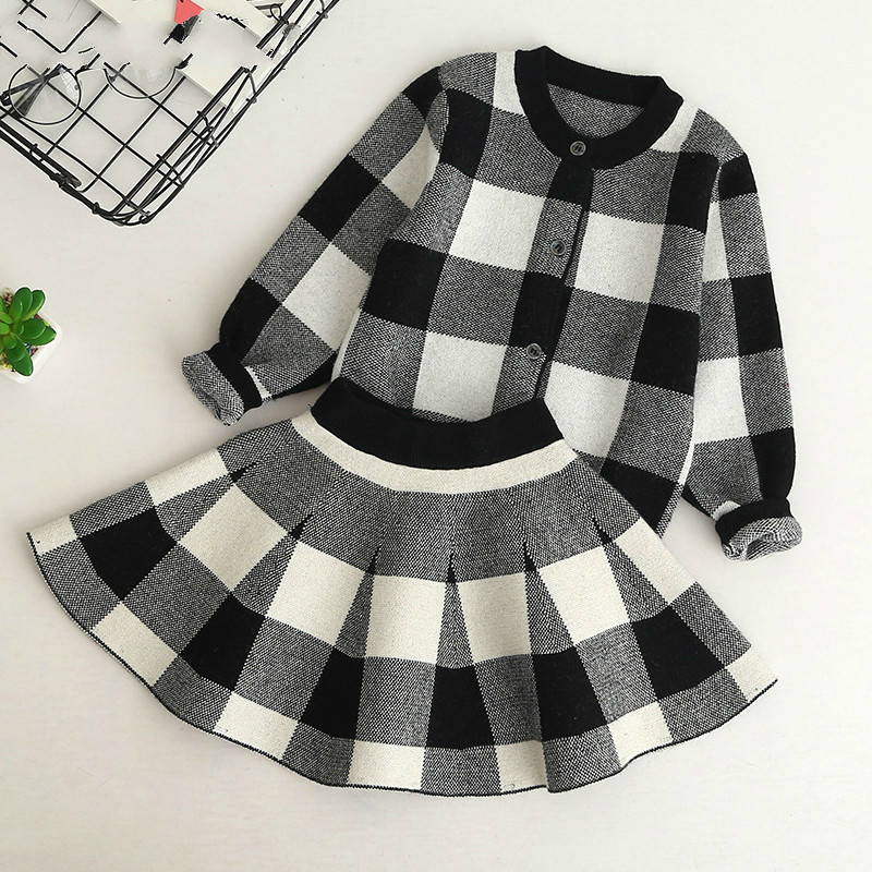 

Promotion Autumn New Girls Clothing Sets Casual Long Sleeve Plaid Jackets+Skits 2Pcs Suits For Kids Set, Gray