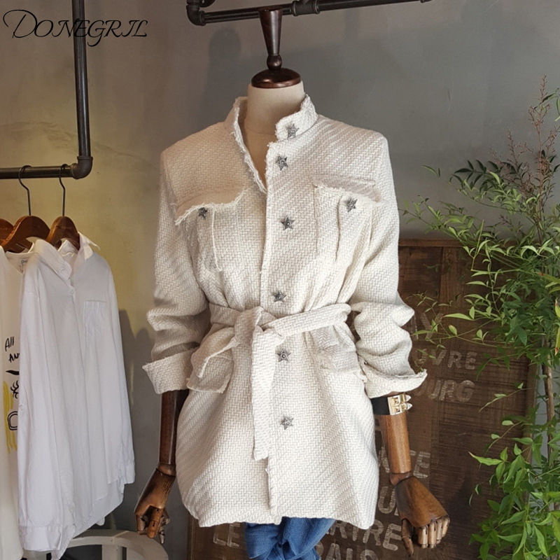 

Autumn Korean Stand Collor Sashes Slim Women Coats New Fashion Single Breasted Pockets Jackets Star Appliques Female Coat, White