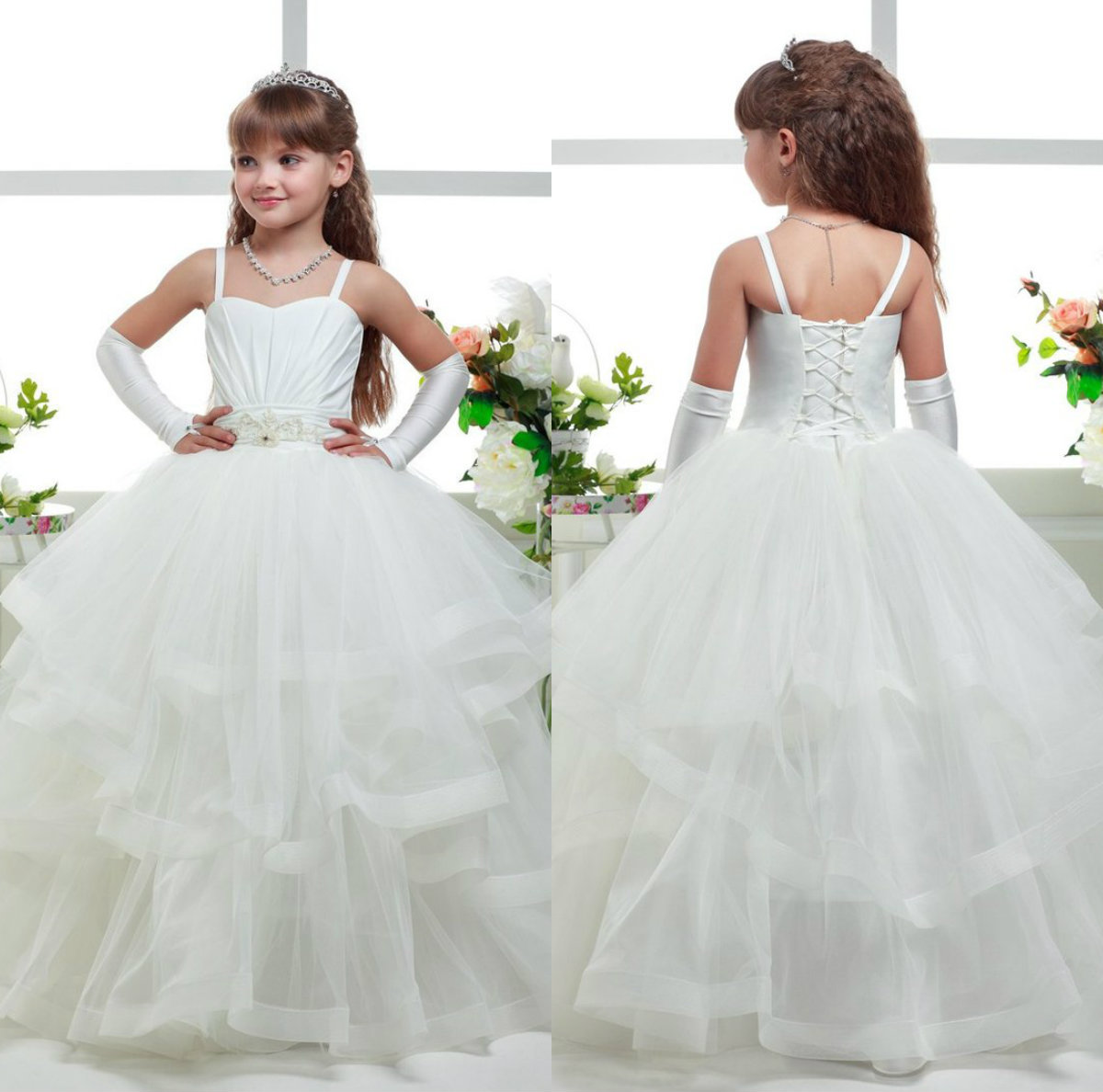 

New Arrival Princess Girl Pageant Dresses Ball Gown Spaghetti Strap Belt Tulle Skirt Ruffles Ruched Flower Girl Dress Long Kids Toddler, Champagne