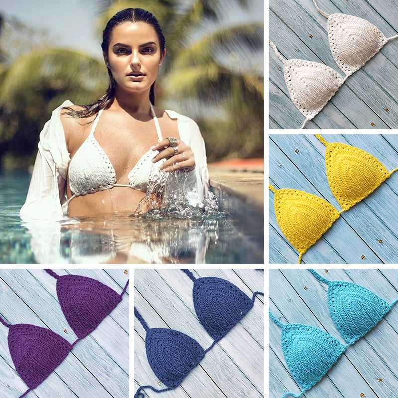 

2019 Handmade Crochet Women Black Bikini Top Boho Beach Bralette Halter Knitted Swimsuit Brazilian Bikinis Bathing Suit Top