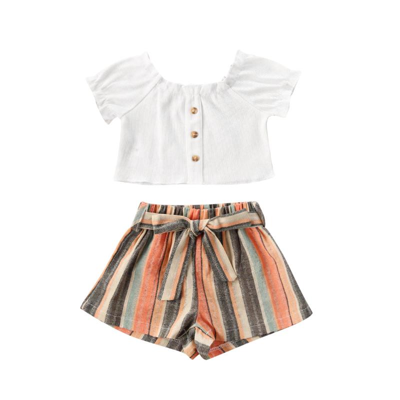 

New Baby Girls Two Piece Set Fashion Boat Neck Short-sleeved Top Loose Stretch Waist Lace up Stripe Shorts, As pic