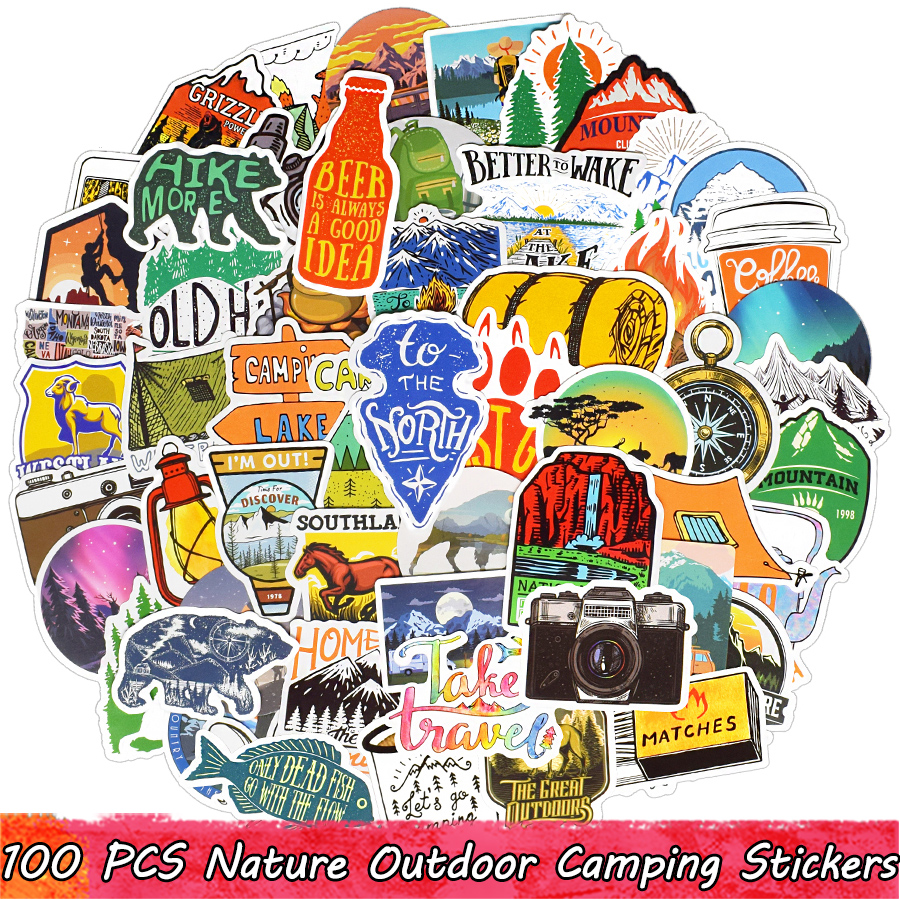

100 PCS Nature Outdoor Camping Waterproof Stickers Hiking Sport Decal for Teens Adults to DIY Water Bottle Laptop Bicycle Skateboard Gifts