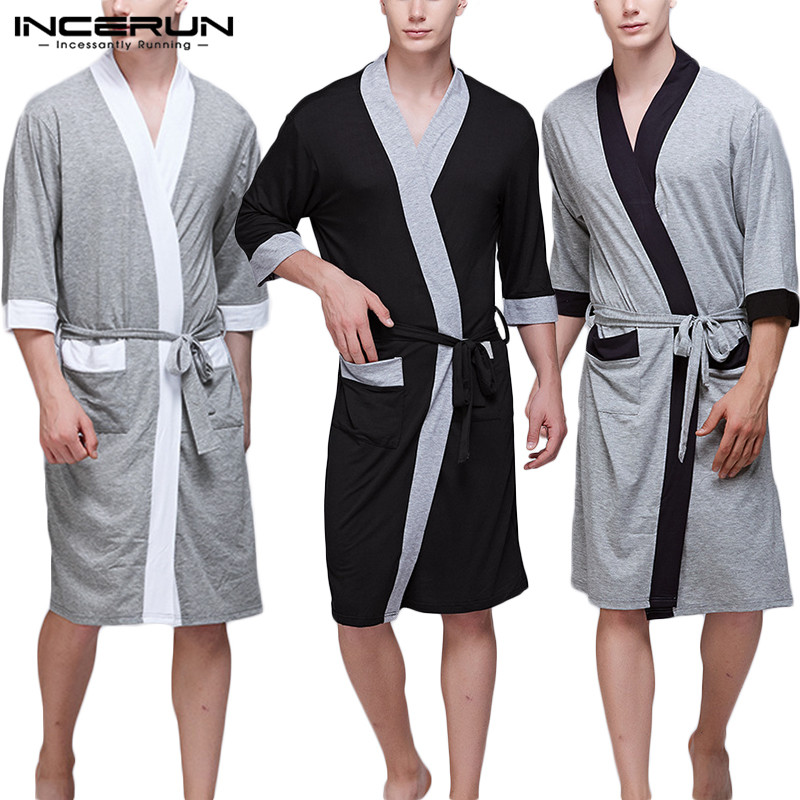 

INCERUN Men Robes Half Sleeve Nightgown Patchwork Leisure Breathable Pockets Summer Bathrobe Soft Men Homewear Sleepwear Pajamas, Black
