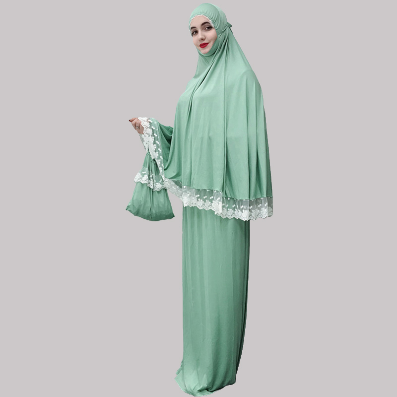 

Ethnic Clothing Lace Trim Two-piece Prayer Outfit Islamic Muslim Women Dress Salat Set 2 PCS Long Khimar And Skirt Jilbab Ramadan