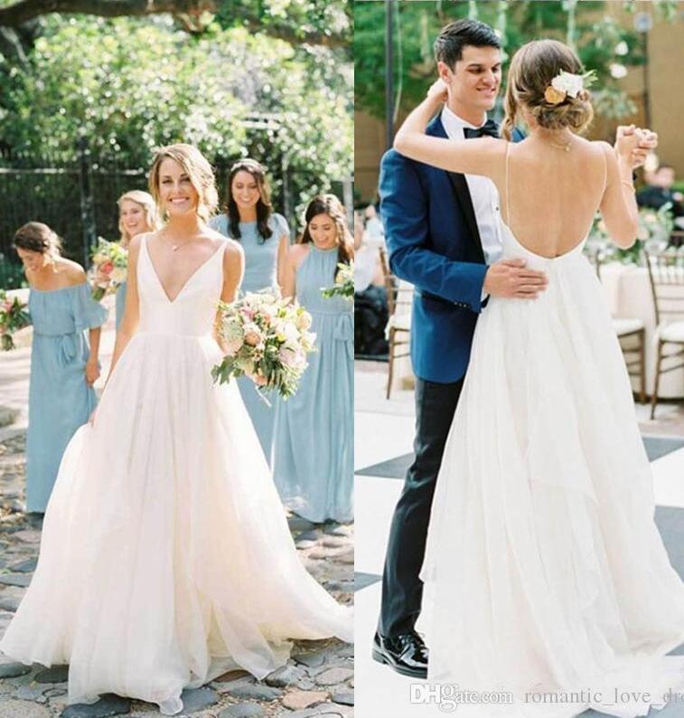 

Bohemian Style Garden Wedding Dresses 2020 New Simple Style Vestido De Novia Sexy Deep V-Neck A-Line Backless Organza Bridal Gowns W260, White