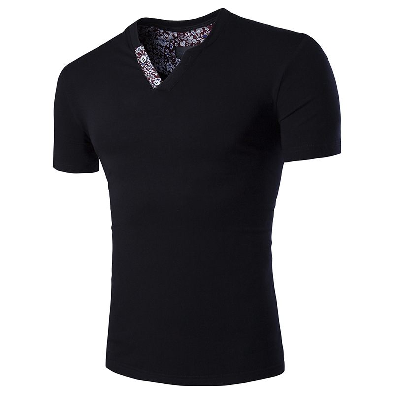 

E-BAIHUI 2021 Fashion V-Neck Collar Print Short Sleeve Men's T-Shirt Korean Fashion Cardigan Short-Sleeve Mens T-Shirt YT039, Black