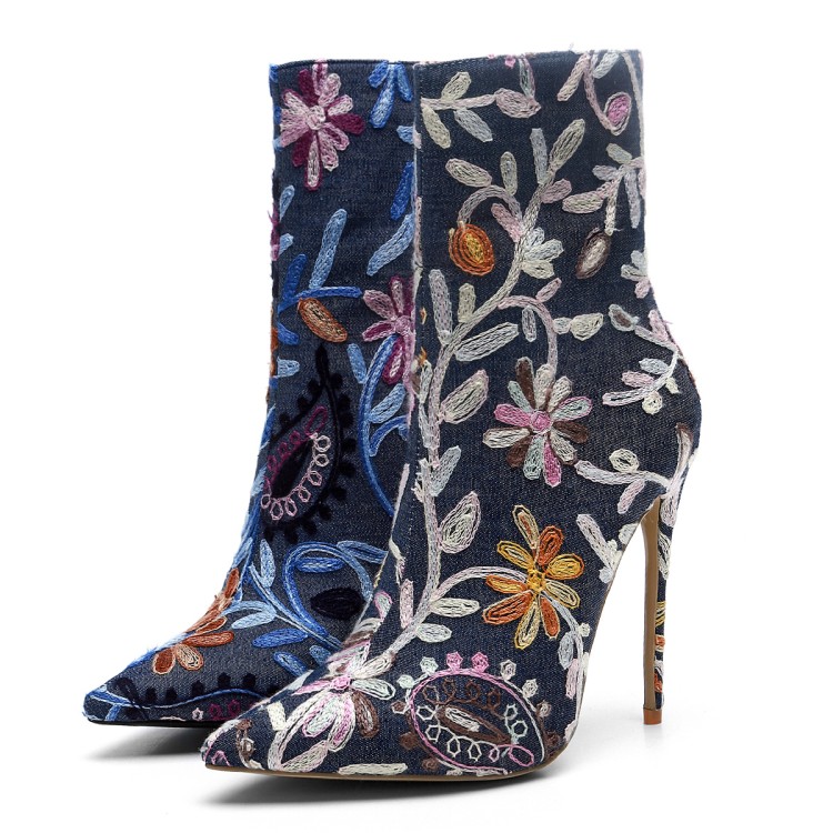 

US4-11 Womens Pointed Toe Embroidered Floral Denim Jeans Ankle Boots Stilettos High Heel Shoes Side Zipper Plus Size C758