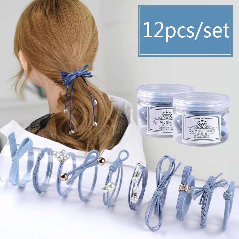 

12PCS/Set Stretch Girls Hair Ties Ponytail Holder Pearl High Elastic Solid For Women Hair Accessories Ropes Bands