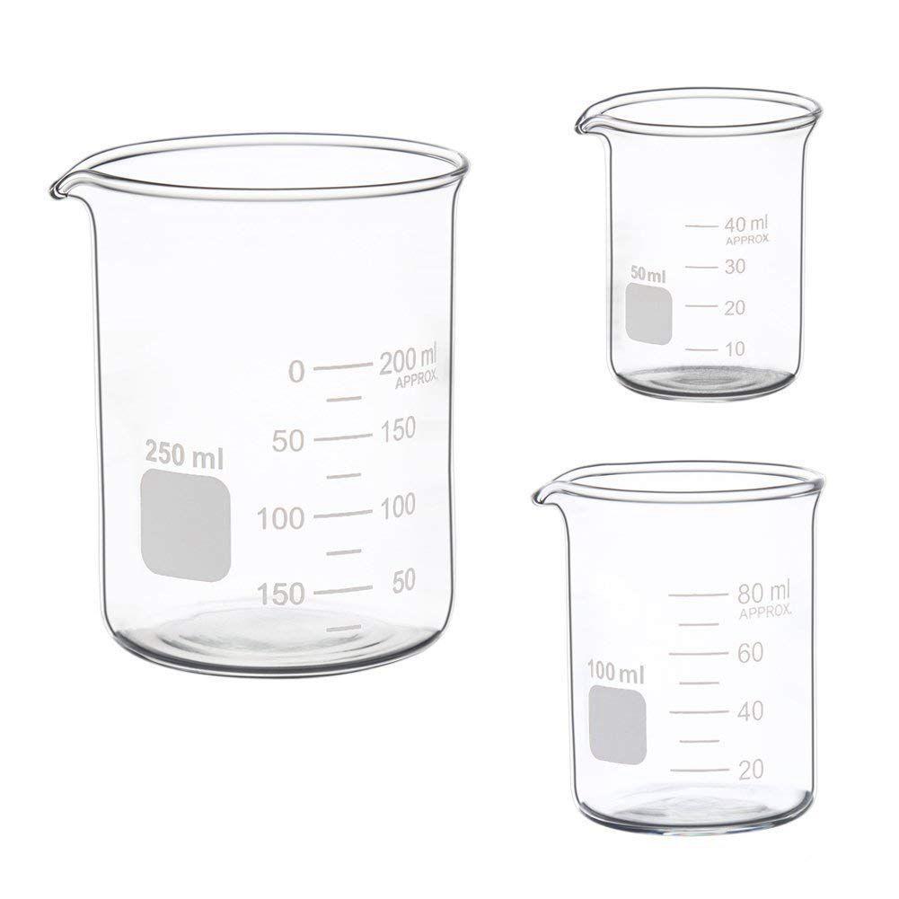 

LAb Hot sale Glass Measuring Low Form Beaker Set 50ml 100ml 250ml Glass Graduated Beaker Set