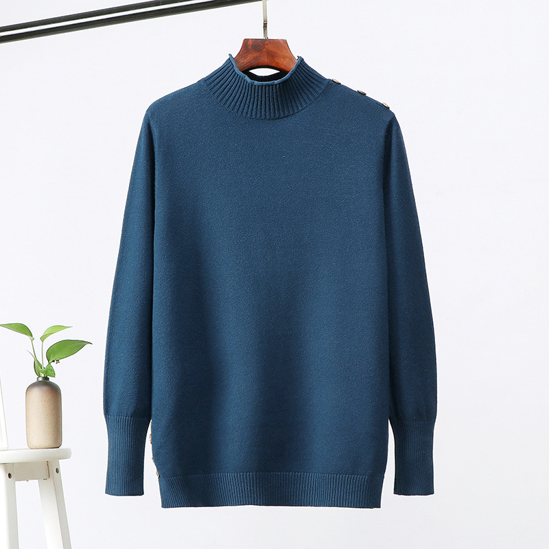 

Plus Size Loose Long-sleeved Knitted Sweater Women Shoulder Button Decoration Turtleneck Jumpers Pullover Female 2020 Spring, Black
