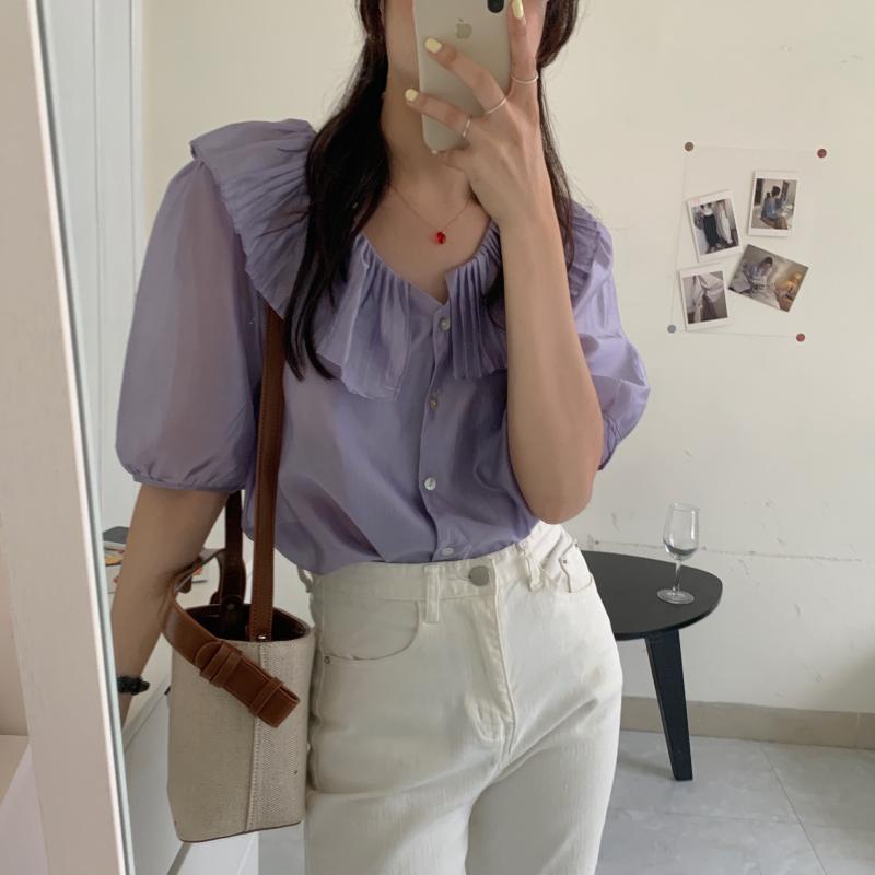 

Women Solid Blouses 2020 New Summer Korean Elegant Single-breasted Doll Lapel Shirt Women Lapel Puff Sleeve Loose Tops, Pink