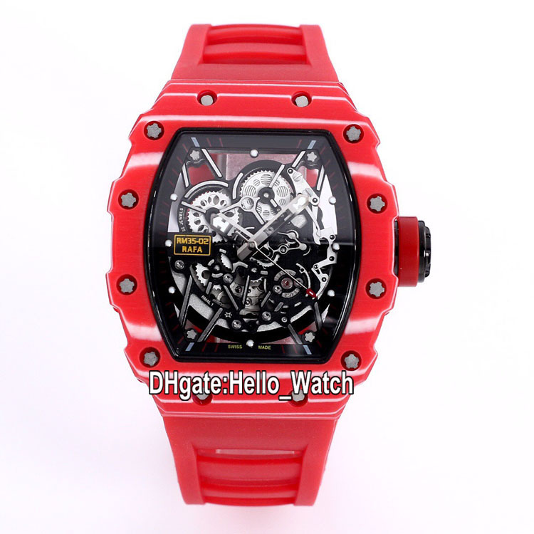 

Top New 35-02 Miyota 6T51 Automatic Skeleton Dial RM35-02 Mens Watch Rafael Nadal Red Carbon Fiber Case Rubber Strap Watches Hello_Watch, Extra strap