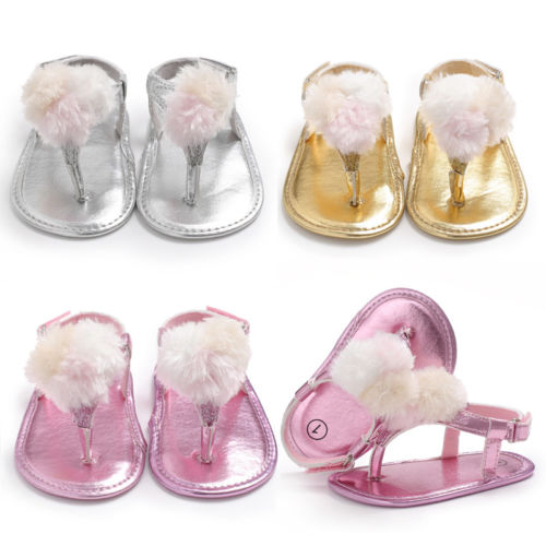 

New -18 Months Summer Baby Girls Casual Shoes Infant Crib Flip Scandal Soft Sole Prewalker Kids Hairball Scandals For Toddler, Pink