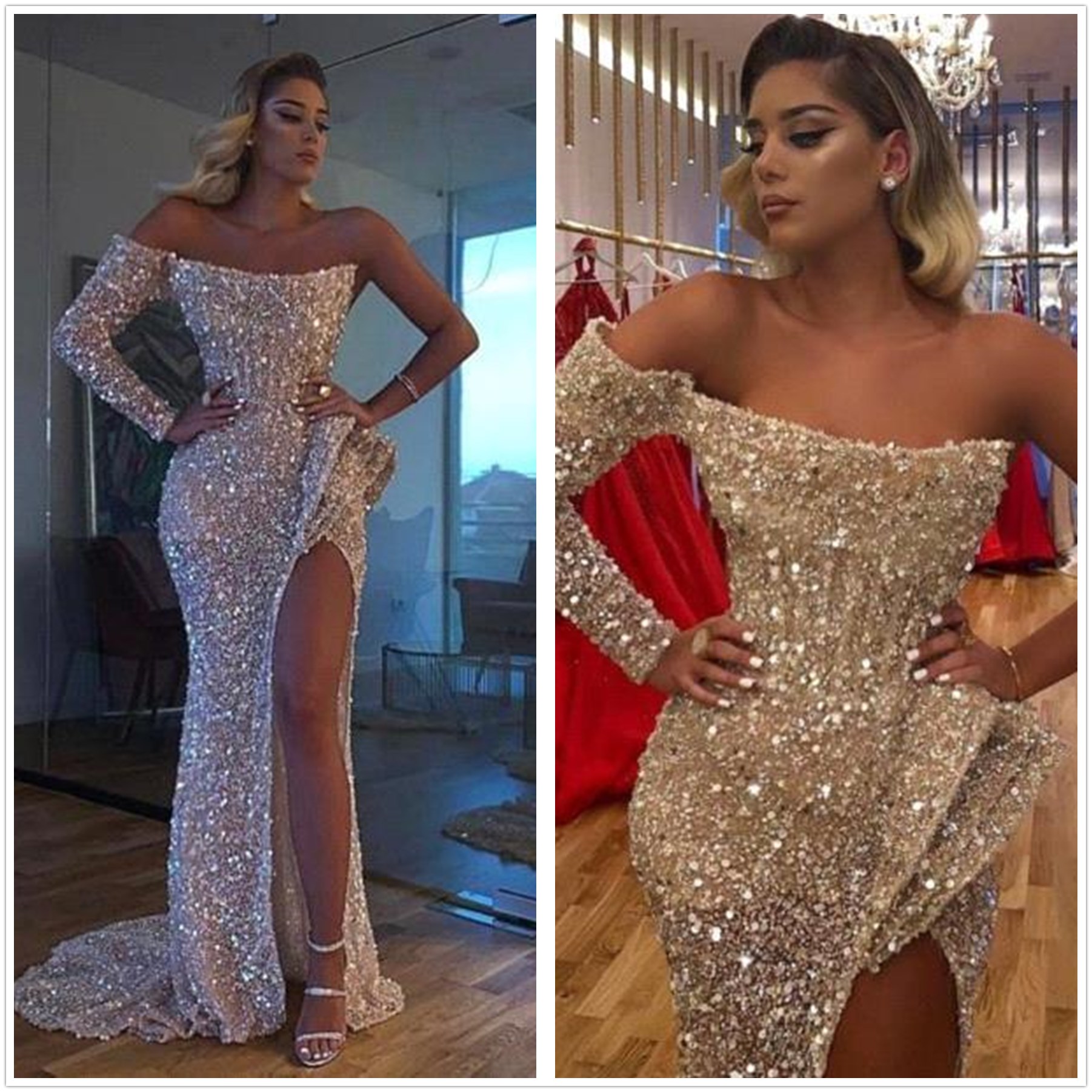 

Elegant One Shoulder Sequins Mermaid Long Evening Dresses 2020 Flare Long Sleeves Ruched Split Sweep Train Formal Party Prom Dresses BC3496, Gray