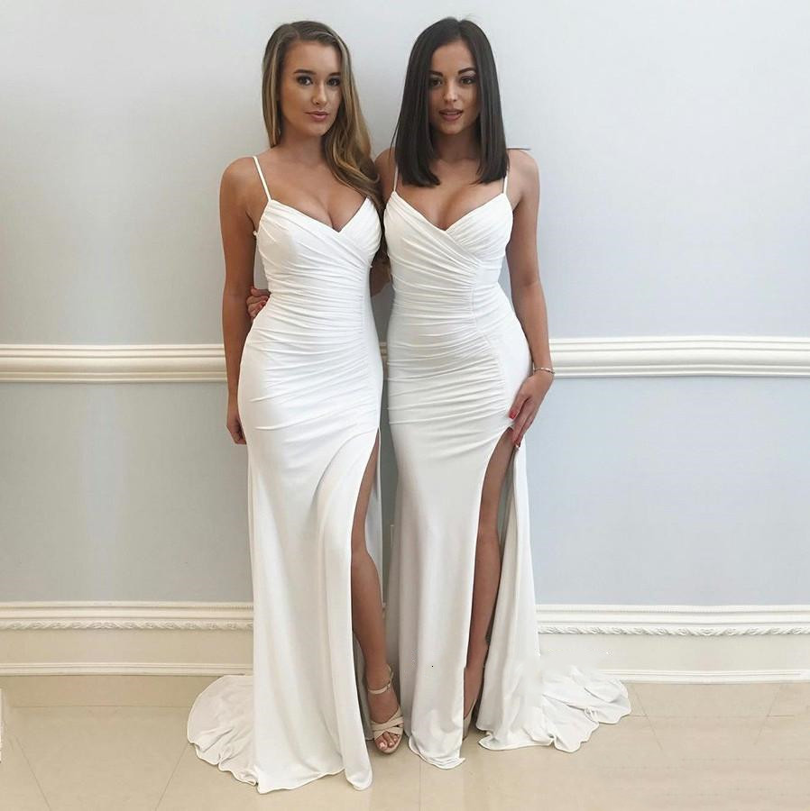 

2019 Simple White Sheath Mermaid Evening Dresses Occasion Party Prom Gowns Spaghetti Straps High Split Long Arabic Bridesmaids Gowns, Silver