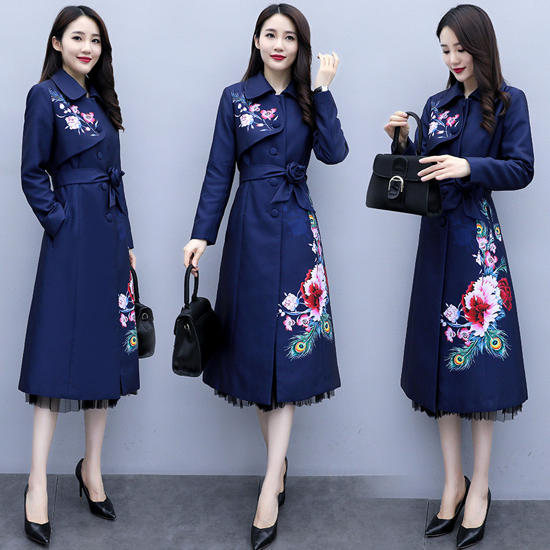 

Chinese style Windbreaker Women knee-length fashion Spring Autumn Clothing 2020 Women's new Floral Long Trench Coat G222, Khaki