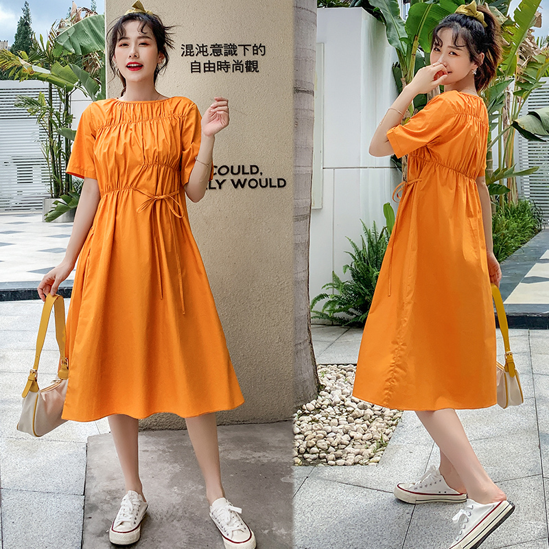 

213# Maternity Dress Summer Cotton O Neck Short Sleeve Loose Stylish Dress for Pregnant Women Mom, Ginger