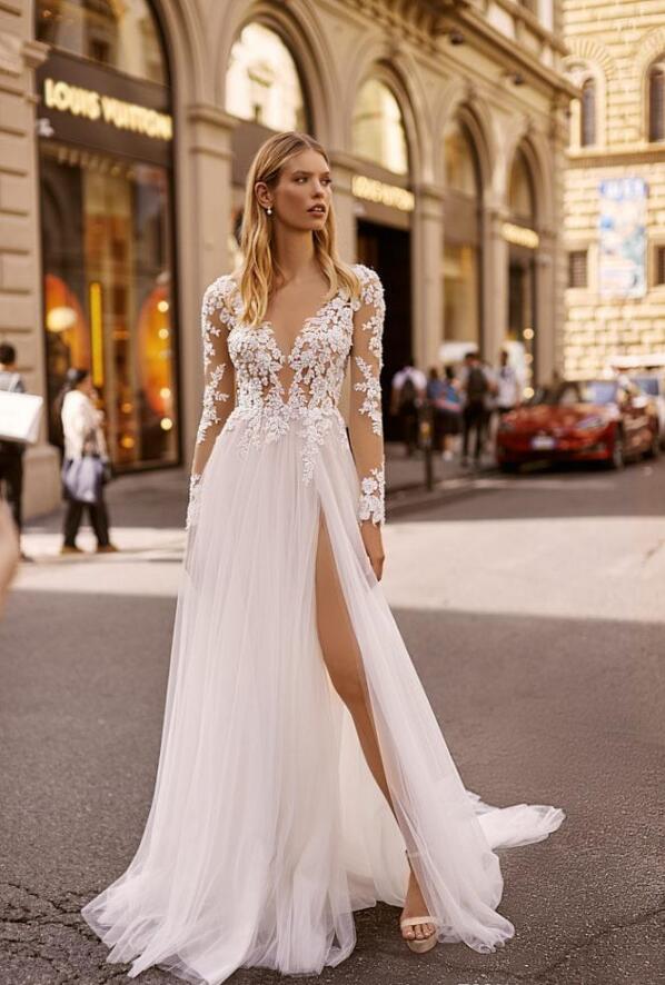 

2020 Berta Wedding Dresses V Neck Appliqued Long Sleeves Lumbar Lace Bridal Gown Backless High Split Ruffle Sweep Train Robes De Mariée, Gray