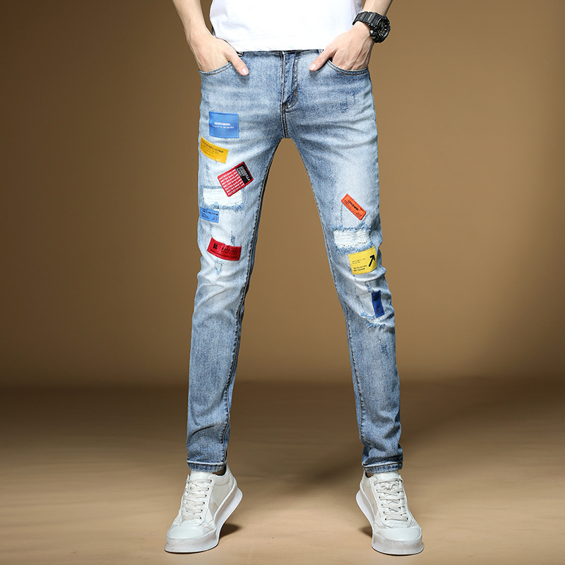 Popular logo badge biker jeans for men hip hop man stretch torn hole ox his pants slim small feet youth thin pants rock revival true brand-image-470066351