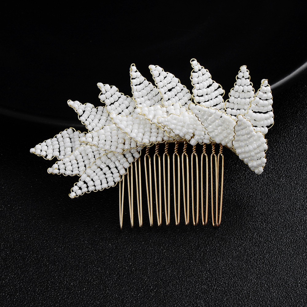 2019 Gold Color Hair Combs Handmade White Small Beads Wedding Leaf
