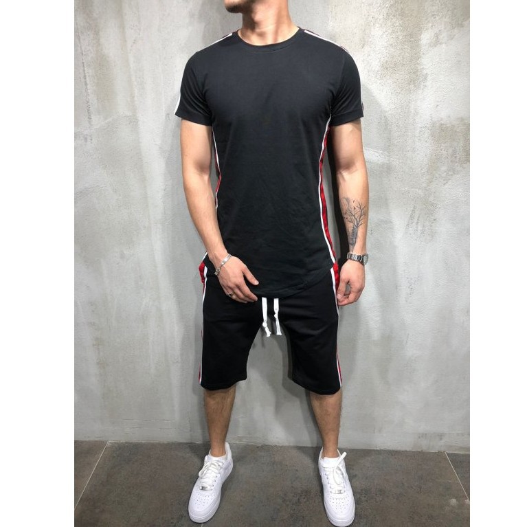 

Mens Tracksuit Hip Hop O-neck Fitness Jogging New Style Summer Hot Sale Urban Wind Short Sleeve Suits, Black