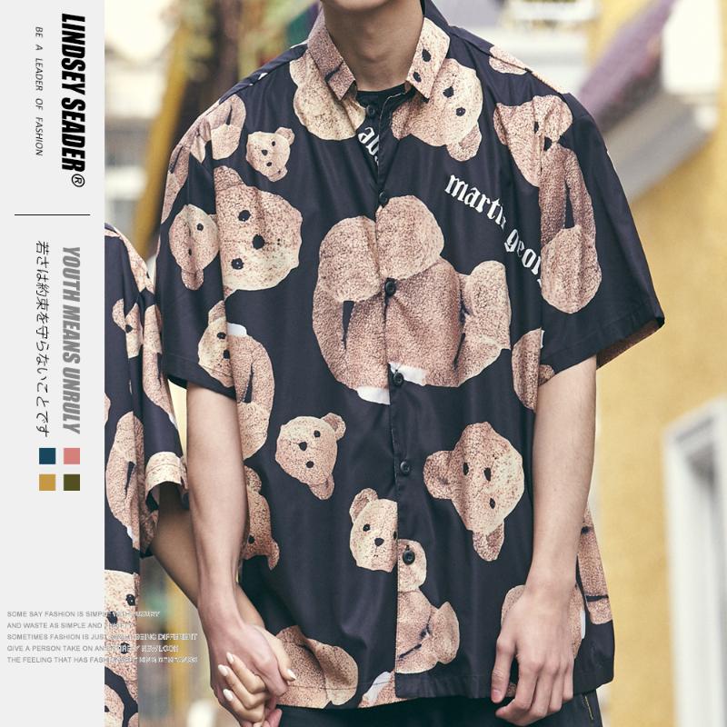

Lindsey Seader Palm Bear Print Off Head Angle Full Printing Turn-down Collar Casual Shirts Men 2020 Summer Street Men's Shirts, Black