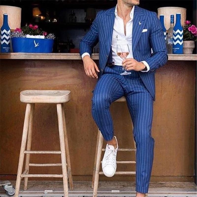 

Latest Coat Pant Designs Blue Striped Men Suits Classic Smart Casual Business Formal Party Prom Blazer Wedding Groom Tuxedos, As the image