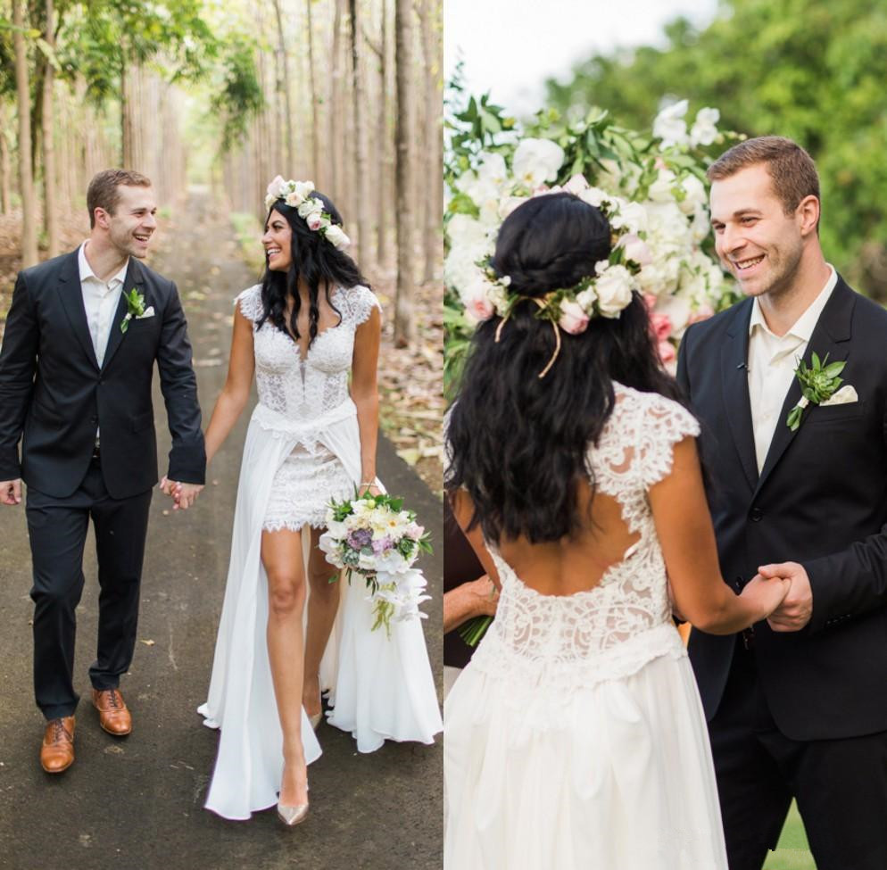 

Short Sleeveless Wedding Dresses with Removable Skirt Wedding Gowns Full Lace V-neck Cap Sleeves Backless Vintage Bridal Dresses A84, Same as image