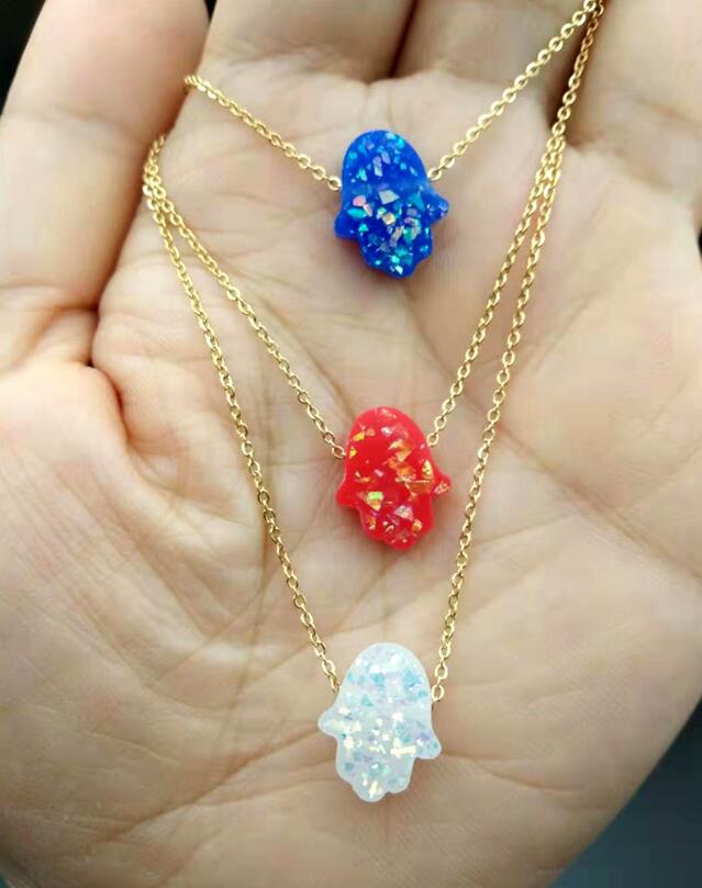

Resin Opal Hamsa Hand Choker Necklace gold stainless steel chain Simple collana Kolye Bijoux Collares Mujer Collier femme, Silver
