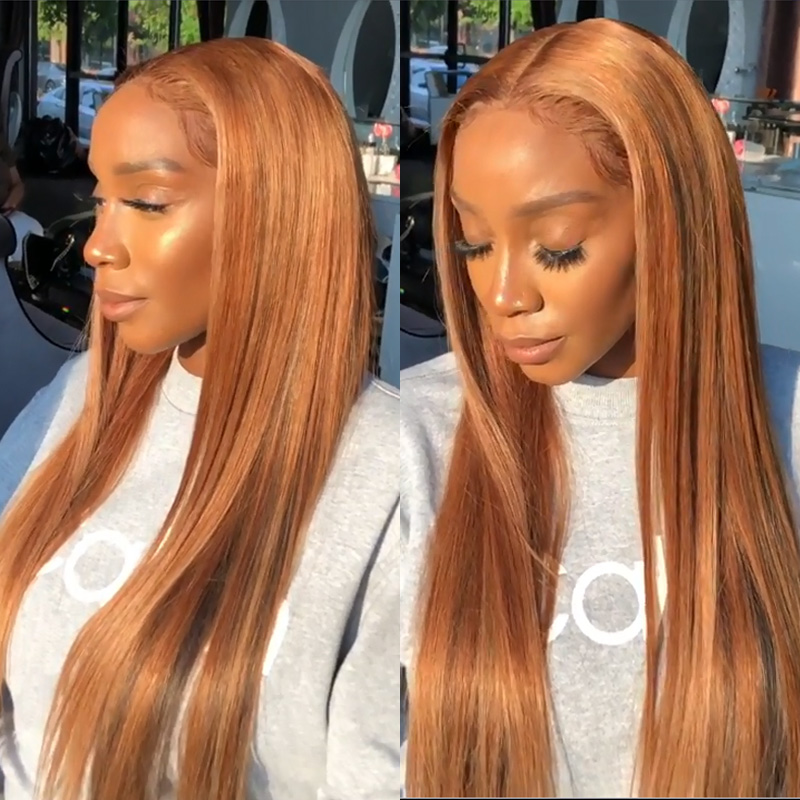 

13x4 Brazilian Straight Human Hair Wigs 28 30 32 34 inch 150% Orange Ginger Color Remy Long Lace Front Human Wig Pre Plucked Wig, #30