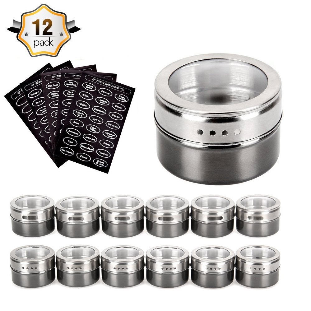 

12 Magnetic Spice Tins, Stainless Steel Storage Spice Containers Magnetic on Fridge, Jar rack Organizers with Labels