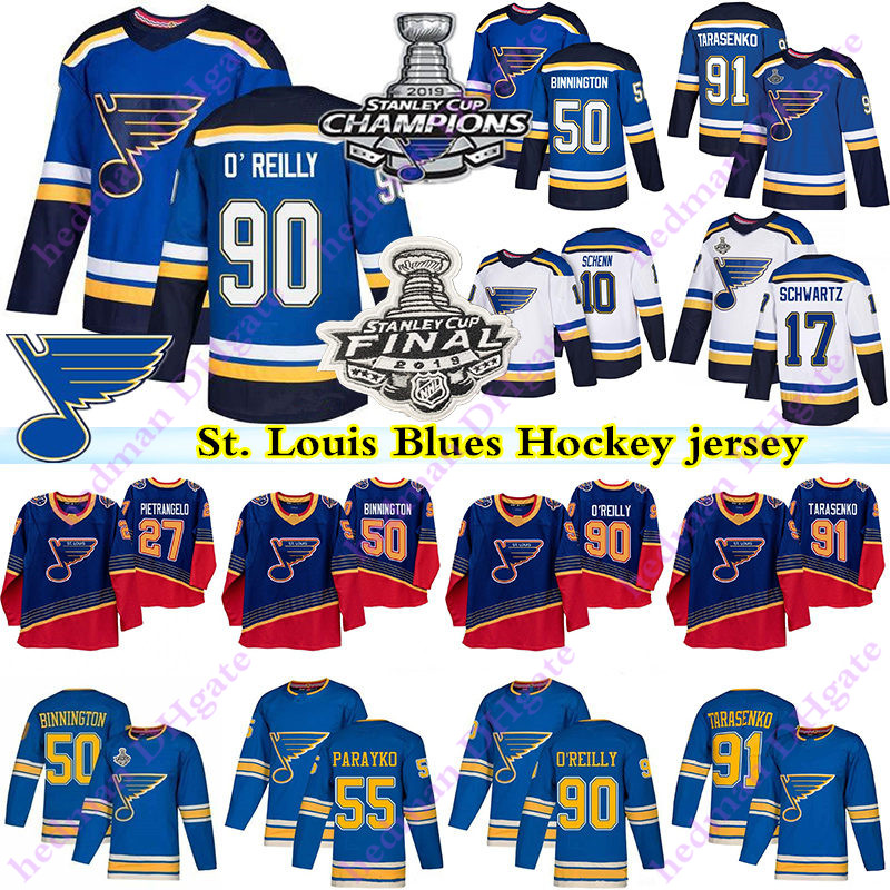 

2019 Stanley Cup champion St.Louis Blues jerseys 90 Ryan O'Reilly 50 Binnington 91 Vladimir Tarasenko 17 Schwartz Pietrangelo hockey jersey, Black;red