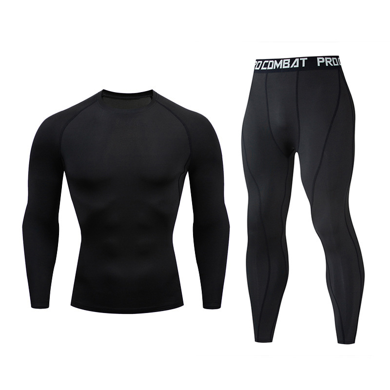 

Men's Long-Sleeved Solid Color Running Fitness Sports Suits Basketball Training Quick-Dry Tights Riding Suit T-shirt+Pants, 06