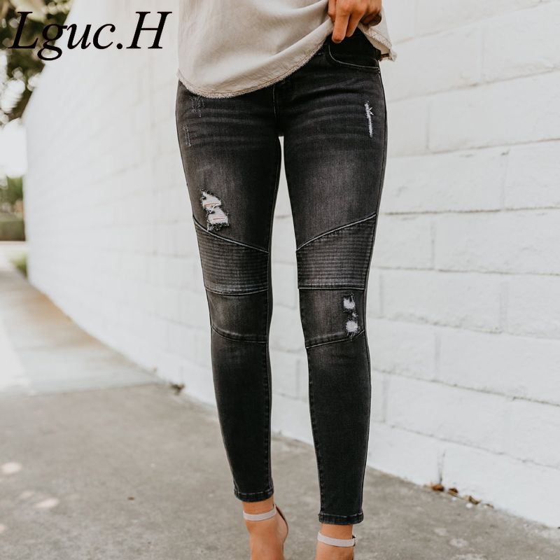 

Lguc.H Moto Jeans Woman 2019 Skinny Ripped Jeans for Women Thick or Thin Style Denim Jean Femme Summer Winter Motorbike XL Black, No.4 thin