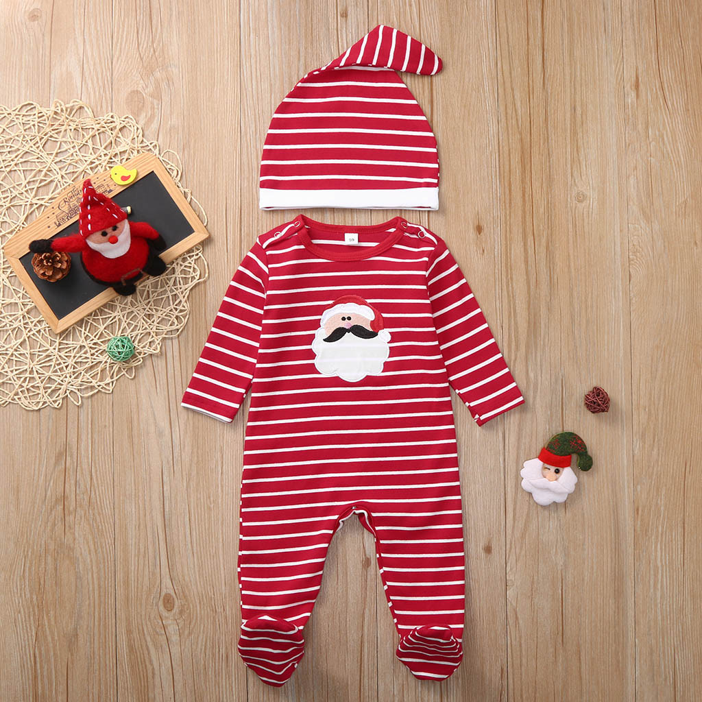 

Infant Baby Boys Girls Christmas Xmas Fawn Print Thick Romper Jumpsuit Outfits Cartoon Stripe Cotton Footies Baby, Red