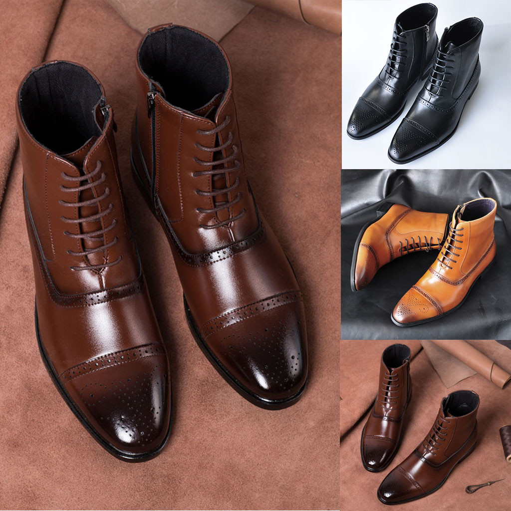 

Men's Fashion Pointed Boots High Tube Breathable Lace-Up Side Zipper Outdoor Breathable Mesh Casual Boots, Black