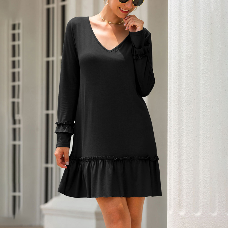 

Women Above-Knee Dress Summer V-Neck Long Sleeve Ruffled Splice Solid Color Dress Autumn Casual Lady Mini Short Dresses Vestido, Black
